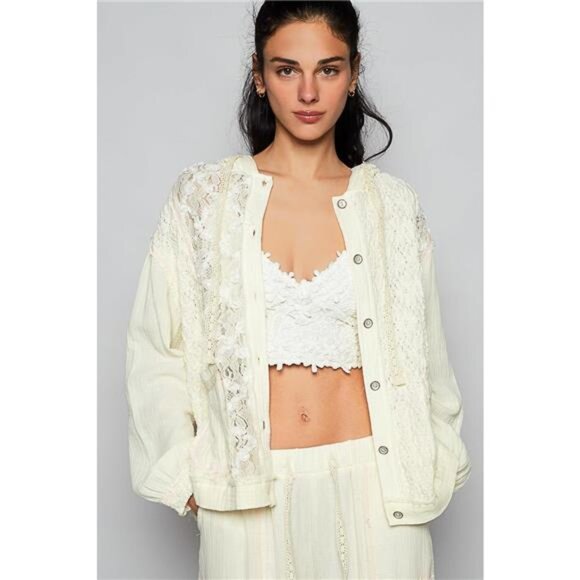 POL Exposed Seam Button Down Hooded Jacket with Lace Detail - Picture 2 of 7